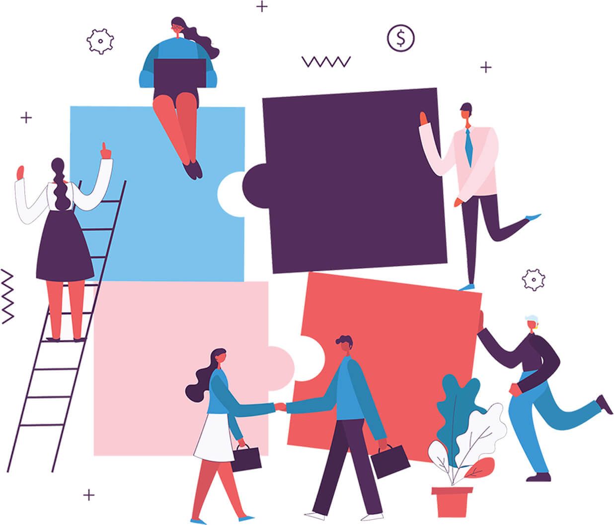 Illustration of a team assembling a giant jigsaw puzzle