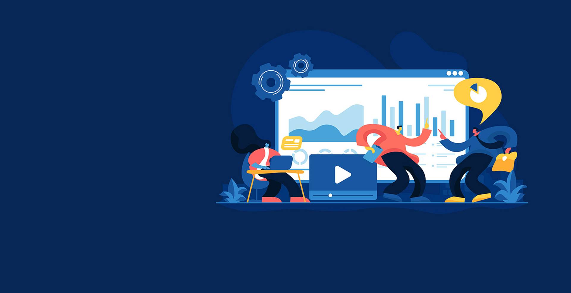 Illustration of a team working around a large analytics dashboard