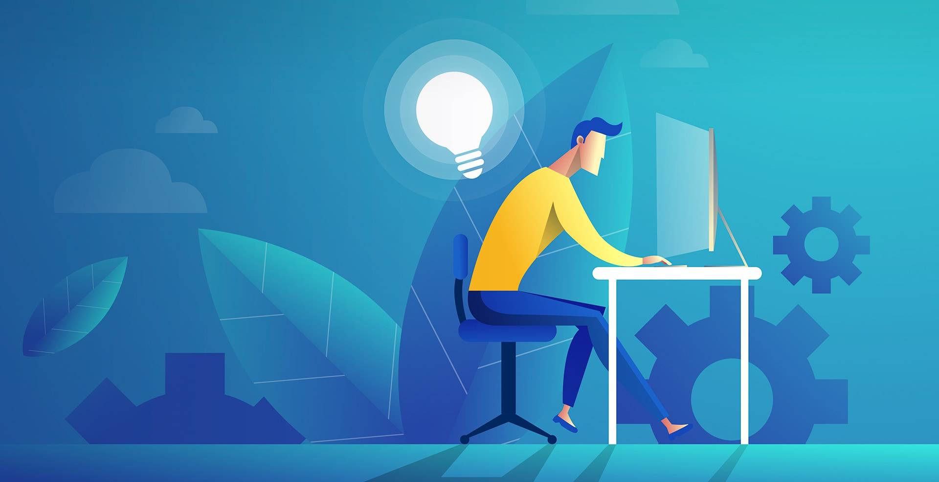 Illustration of a developer working at a desk with a glowing idea light bulb