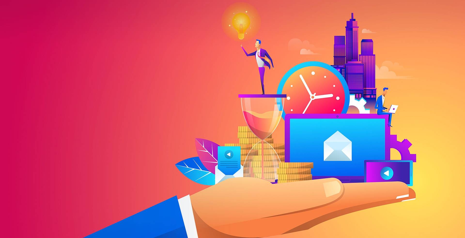 Illustration of a hand holding a city of icons, a clock and a laptop
