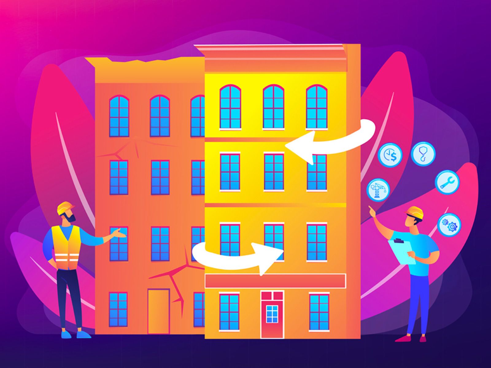 Illustration of a commercial building with workers and arrows showing a migration