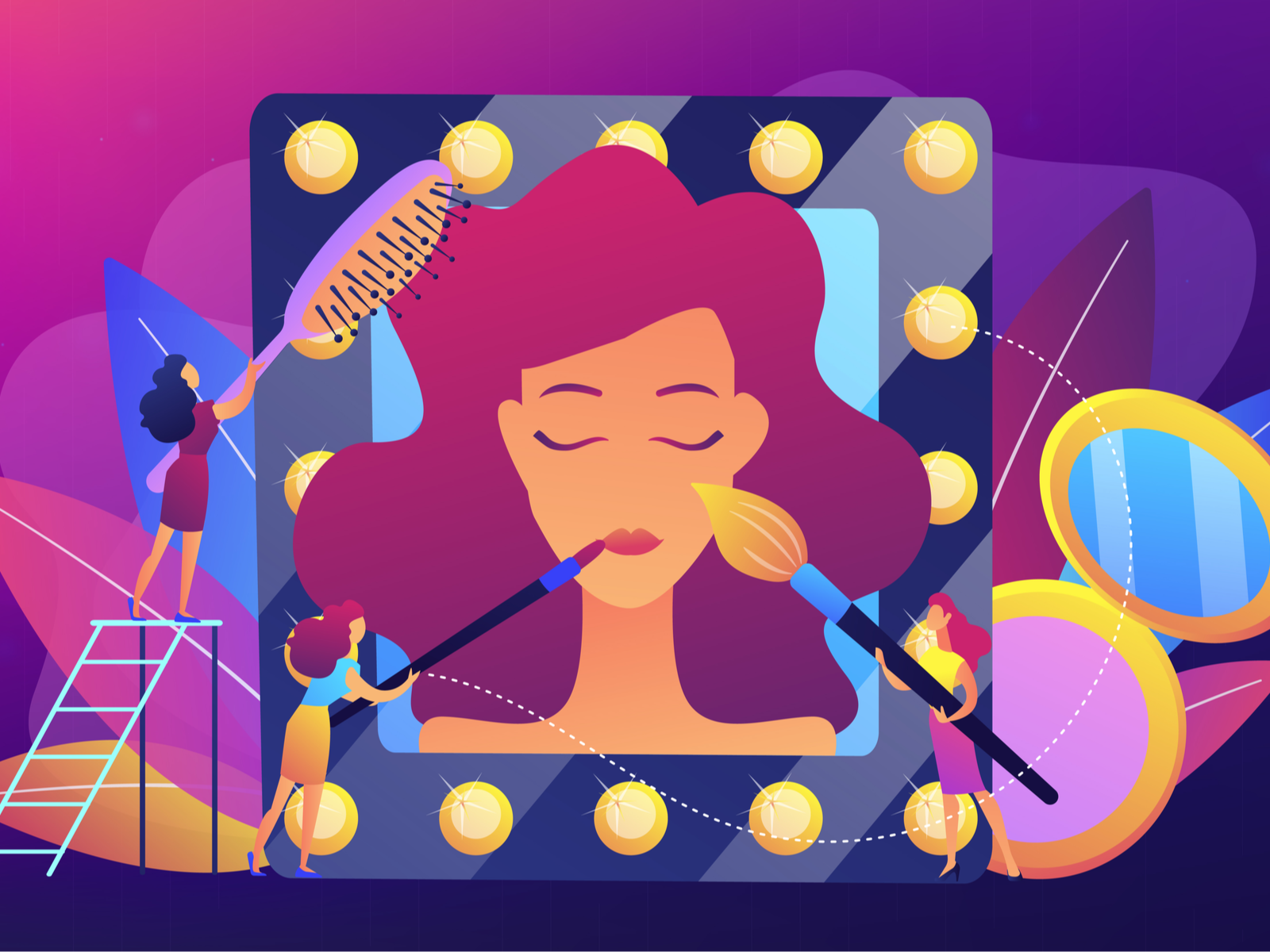 Illustration of a stylised salon mirror with a woman's face, surrounded by hair and beauty tools