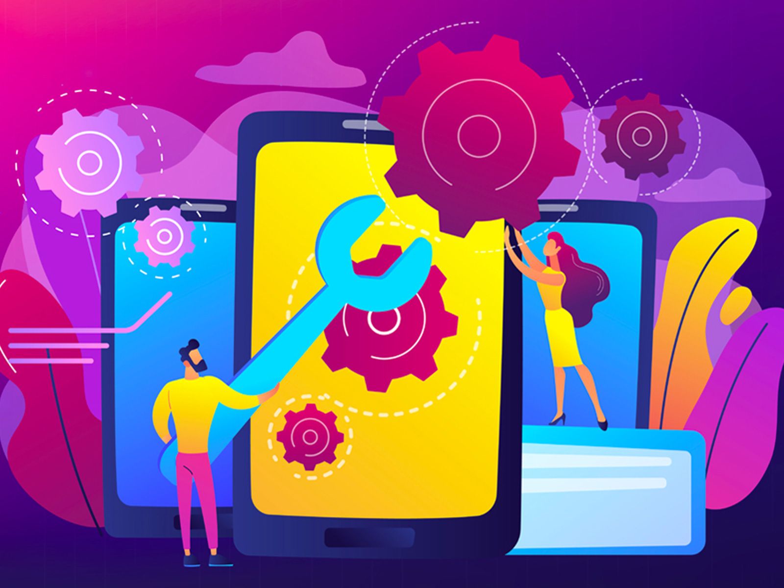 Illustration of mobile phones being assembled and repaired with gears and a spanner