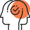 Line drawing of a head with a tick
